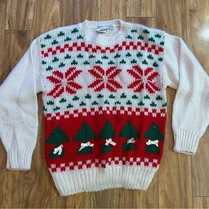 Handknit Nutcracker Christmas Sweater Women Size Large Poinsettias Red Green